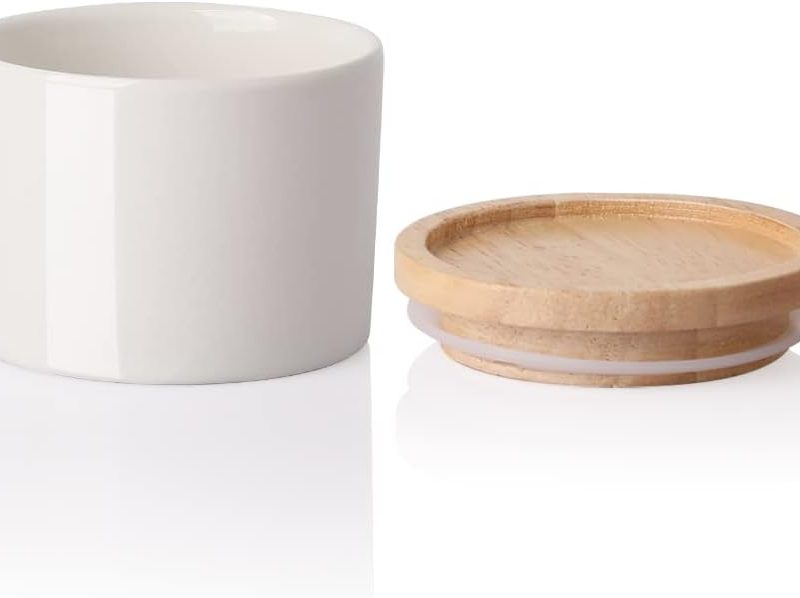 5 Oz Ceramic Salt Cellar with Lid, Stackable Spice Jars for Sugar, Flours, Candies, Liquid Seasonings, Modern Storage Container Coffee Keeper(White)