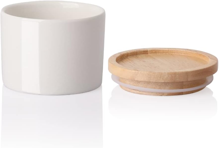 5 Oz Ceramic Salt Cellar with Lid, Stackable Spice Jars for Sugar, Flours, Candies, Liquid Seasonings, Modern Storage Container Coffee Keeper(White)