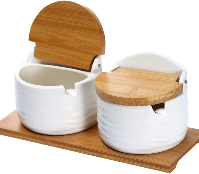 Ceramic Sugar Bowl with Lids and Spoons-Porcelain Condiment Container Spice Jar,Salt Cellar for Kitchen,with Chalkboard Labels,8.8 fl oz 260ML