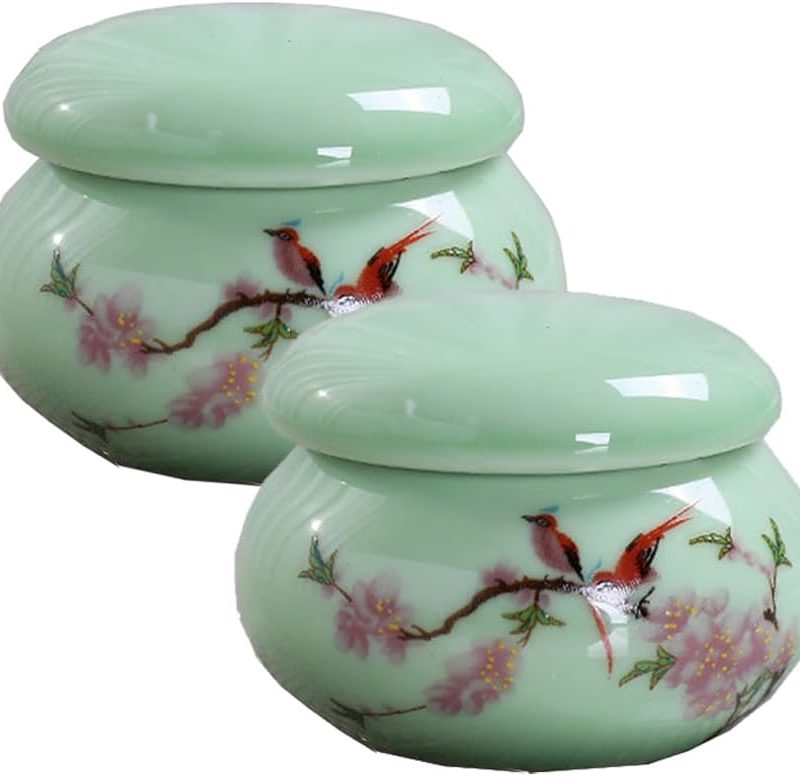 2Pcs Empty Mini Cute Ceramic Bottle Canisters Flower Pattern Portable Travel Loose Tea Pot Jar Contanier with Lid for Storage Spices Powder Cream Lotion Loose Tea, Green