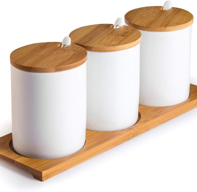 Ceramic Sugar Bowls with Bamboo Lids and Spoons- Muti-Functional Round Condiment Jar for Home- Spice Storage Canister,10.8 oz 320 ML,3 Pcs Set
