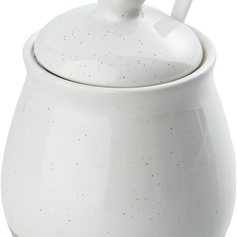 Sugar Bowl with Lid and Spoon, 10oz Ceramic Sugar Jar/Pot/Dispenser for Salt, Condiments, Spice, Seasonings, Sugar Container for Coffee Bar, Home, Kitchen, and Countertop, White