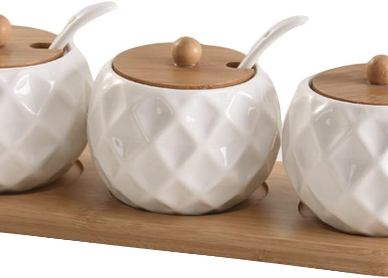 5.6oz Condiment Jar Spice Container With Lids & Bamboo Cap Holder, Ceramic Serving Spoon, Porcelain Condiment Jar Set Of 3, Kitchen Counter Organization, Send Goods From Local Warehouse