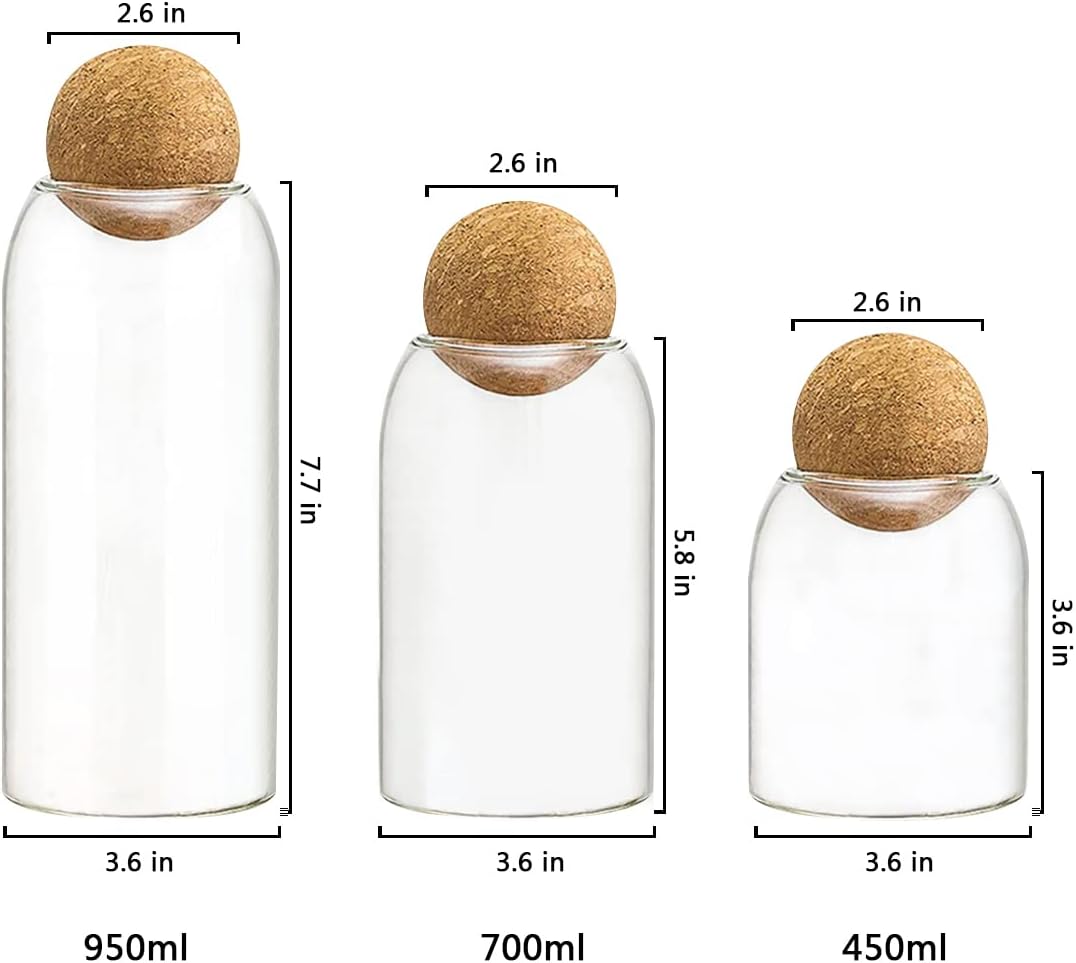 3 Pcs Glass Jars with Cork Ball Lid Set Kitchen Food Terrarium Airtight Clear Storage Canisters with Wooden Lids for Cookie Candy Coffee Bean Spice Sugar Rice - Image 2