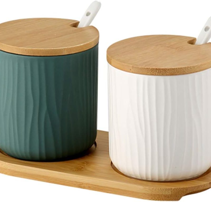 Set of 2 Ceramic Sugar Bowl 300ml Ceramic Spice Jar Condiment Pots with Bamboo Lid and Ceramic Spoon for Home and Kitchen, Height 3.93 inch,White and Green
