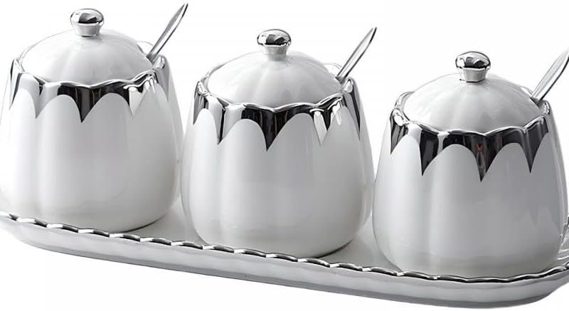 Porcelain Condiment Jar Spice Container with Lids, Spoon and Tray, Set of 3,Modern Spice Box Seasoning Jar for Your Home, Kitchen, Counter (White silver)