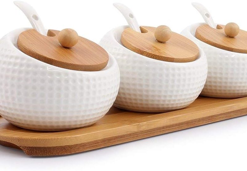 Porcelain Condiment Jar Spice Container with Lids - Bamboo Cap Holder Spot, Ceramic Serving Spoon, Wooden Tray Best Pottery Cruet Pot for Your Home, Kitchen, Counter. White,170 ML (5.8 OZ), Set of 3