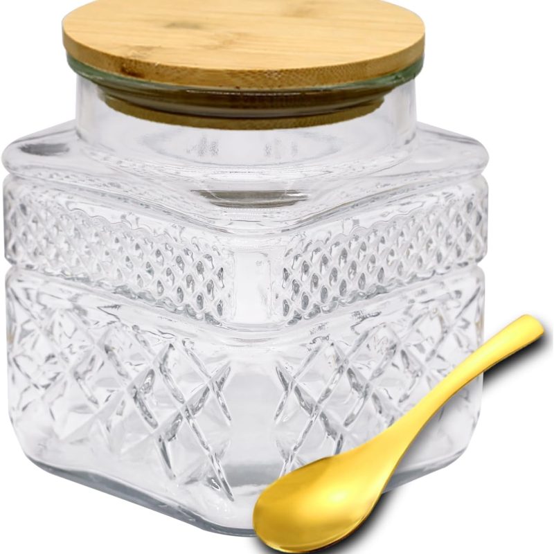 Decorative Glass Jar with Lid and Spoon 38 OZ Square Thick Glass Storage Jars Airtight Lids Clear Vintage Canister Container for Food Candy Cookie Sugar Coffee Tea Nuts Snack Dog Treat