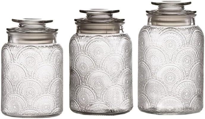 Canister Set 3-Piece Glass Jars in 34oz, 44oz & 54oz Retro Design Lids for Cookies, Candy, Coffee, Flour, Sugar, Rice, Pasta, Cereal & More