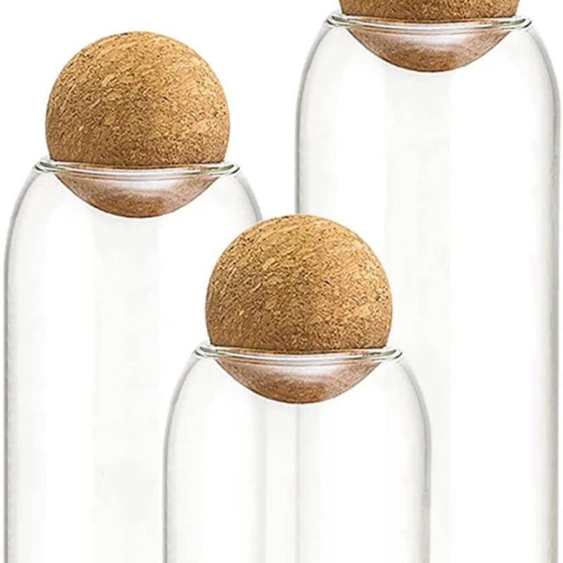 3 Pcs Glass Jars with Cork Ball Lid Set Kitchen Food Terrarium Airtight Clear Storage Canisters with Wooden Lids for Cookie Candy Coffee Bean Spice Sugar Rice