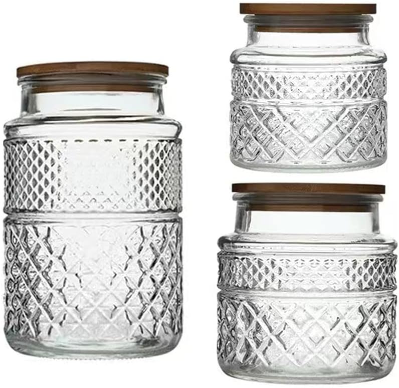 Glass Storage Jars Vintage Embossed Canisters Food Cereal Storage Containers with Bamboo Lid, Decorative Jars for Kitchen Counter,Pantry,Set 3-Piece Glass Jars in 60 oz/40 oz/20 oz (Round)