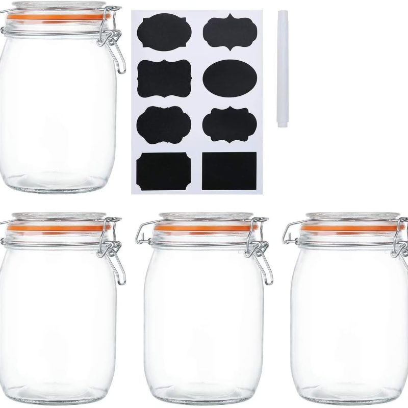 32 oz Wide Mouth Mason Jars With Airtight Hinged Lids, Leak Proof Rubber Gasket - 1000ml Glass Storage Containers, Set of 4