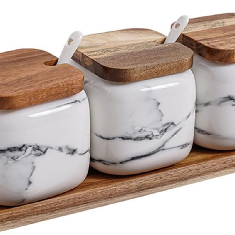 Ceramic Salt and Sugar Container Set with Wooden Tray, 3pcs Porcelain Seasoning Jars with Lids and Spoons, Condiment Pot Pepper Spice Storage Canister for Home Kitchen Counter