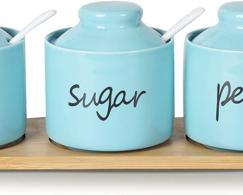Farmhouse 8oz Sugar Pepper and Salt Bowls with Lid and Spoon, Ceramics Condiment Pots,Seasoning Jar Spice Container for Kitchen,Dishwasher Safe (Turquoise)