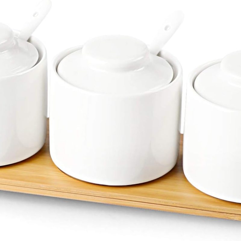 Ceramic Condiment Jar Set of 3 with Tray, Condiment Pot With Spoon and Lid, Seasoning Box,Sugar Bowl, 8oz (White)
