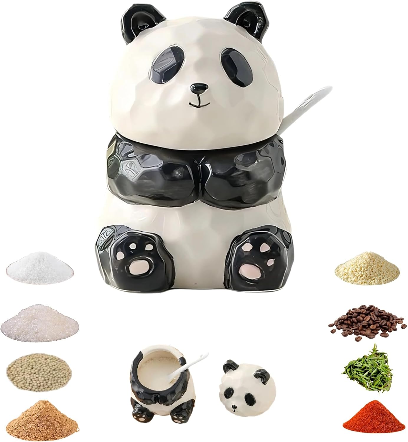 Ceramic Spice Jars with Spoon, 230ml Airtight Kitchen Storage Containers, Panda-Shaped for Salt Sugar Coffee, Dishwasher-Safe Decorative Countertop Jars
