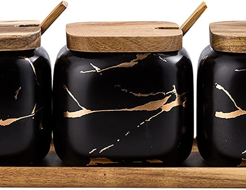3 Pcs Porcelain Condiment Jar Pot Spice Container Ceramic Seasoning Jar with Lid Spoon and Tray Great for Home Kitchen Counter, Black