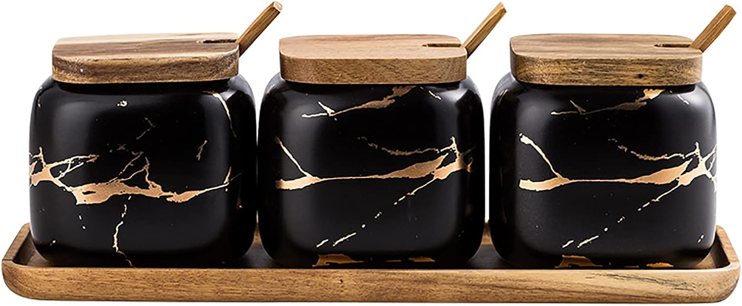 3 Pcs Porcelain Condiment Jar Pot Spice Container Ceramic Seasoning Jar with Lid Spoon and Tray Great for Home Kitchen Counter, Black