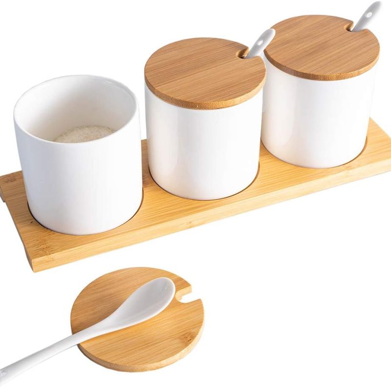 Ceramic Condiment Jar Seasoning Container with Lids,white Salt Sugar Pepper Spice Container Bowls Pot with Spoon, Porcelain Pot,Set of 3, 8 Oz, for Home Kitchen Coffee Bar