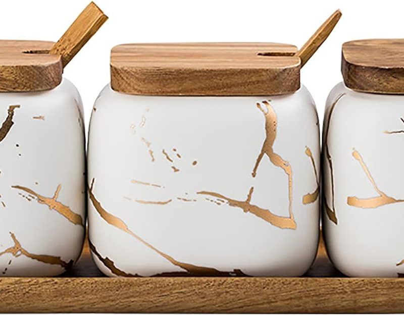 Ceramic Spice Jars Porcelain Condiment Jars Set Marble Ceramic Seasoning Box 3pcs Condiment Pots for salt, sugar, pepper Kitchen Ceramic Seasoning Condiment Jar Set