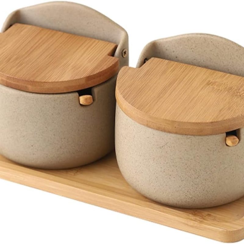 Ceramic Spice Jar - Condiment Jar with Lid and Spoon - Salt and Sugar Container Set for Kitchen - Stylish and Functional Kitchen Counter Accessories - 2 Pieces