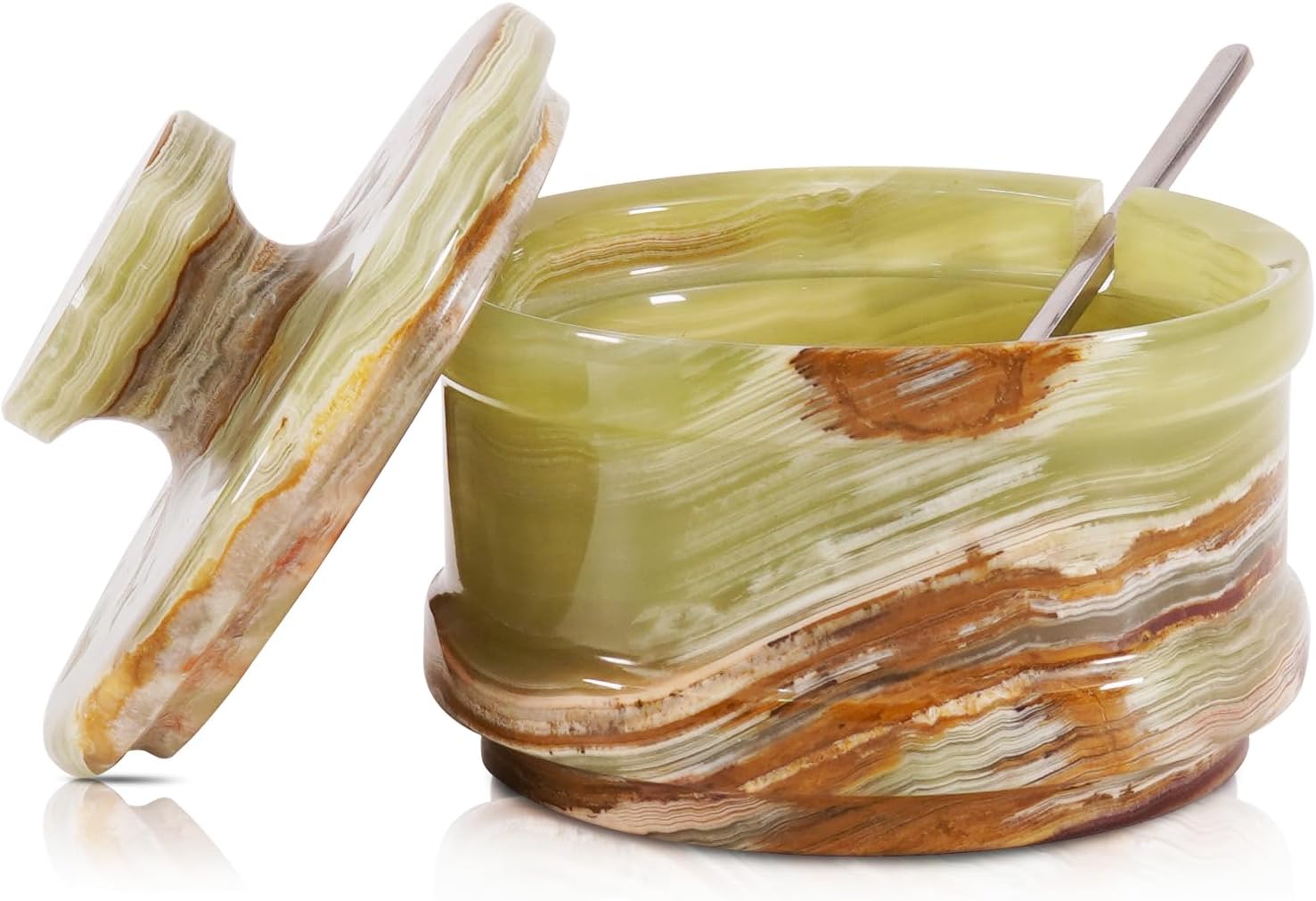 Marble Salt Cellar with Lid 3.5" Inch Green Salt Box, Seasoning Container & Spice Jars, Stone Salt Holder for Counter, Spice Jar