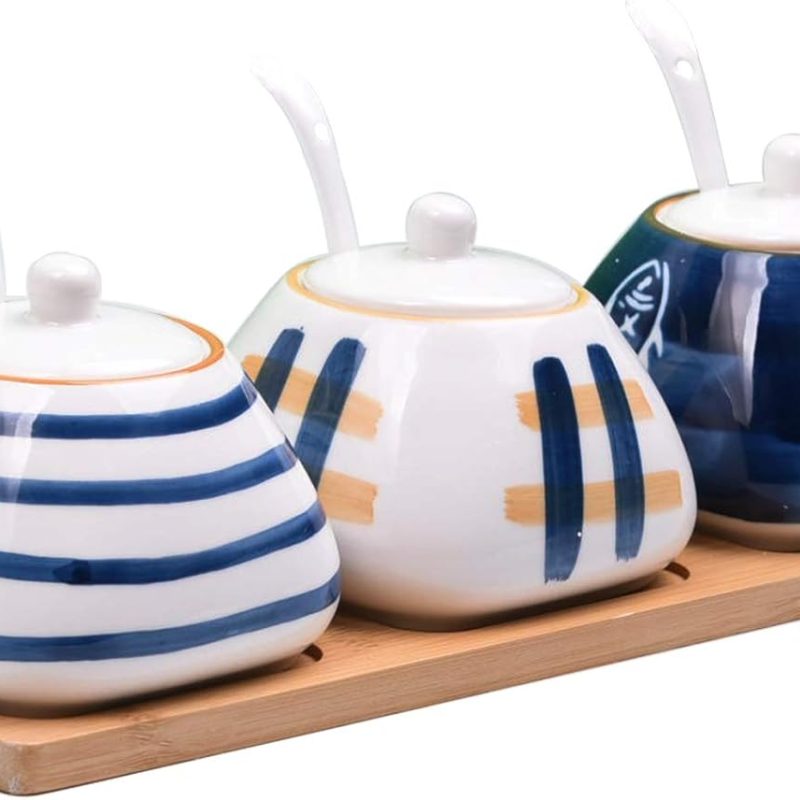 Porcelain Condiment Jar Spice Container with set of 3 Ceramic Condiment Pot Seasoning Box with Ceramic Serving Spoon and Lid - Bamboo Tray Porcelain Sugar Bowl for Home Kitchen 300ml (10.6oz)