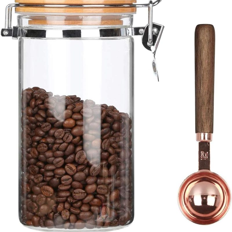 Borosilicate Glass Coffee Bean Storage Container with Airtight Lid,Glass Sealed Jar with Locking Clamp Lid for Coffee Beans,Nuts,Coffee Storage Canister with Spoon for 1 lb Bean,40 Fluid-oz