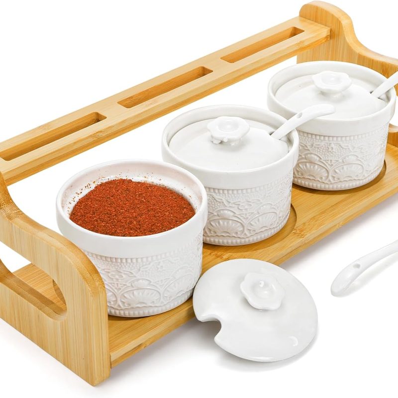 Set of 3 Ceramic Condiment Jars, 5 Oz Porcelain Seasoning Box with Lid Spoon Bamboo Tray, Salt Sugar Spice Container Set Ramekin Dip Bowls for Home kitchen Counter