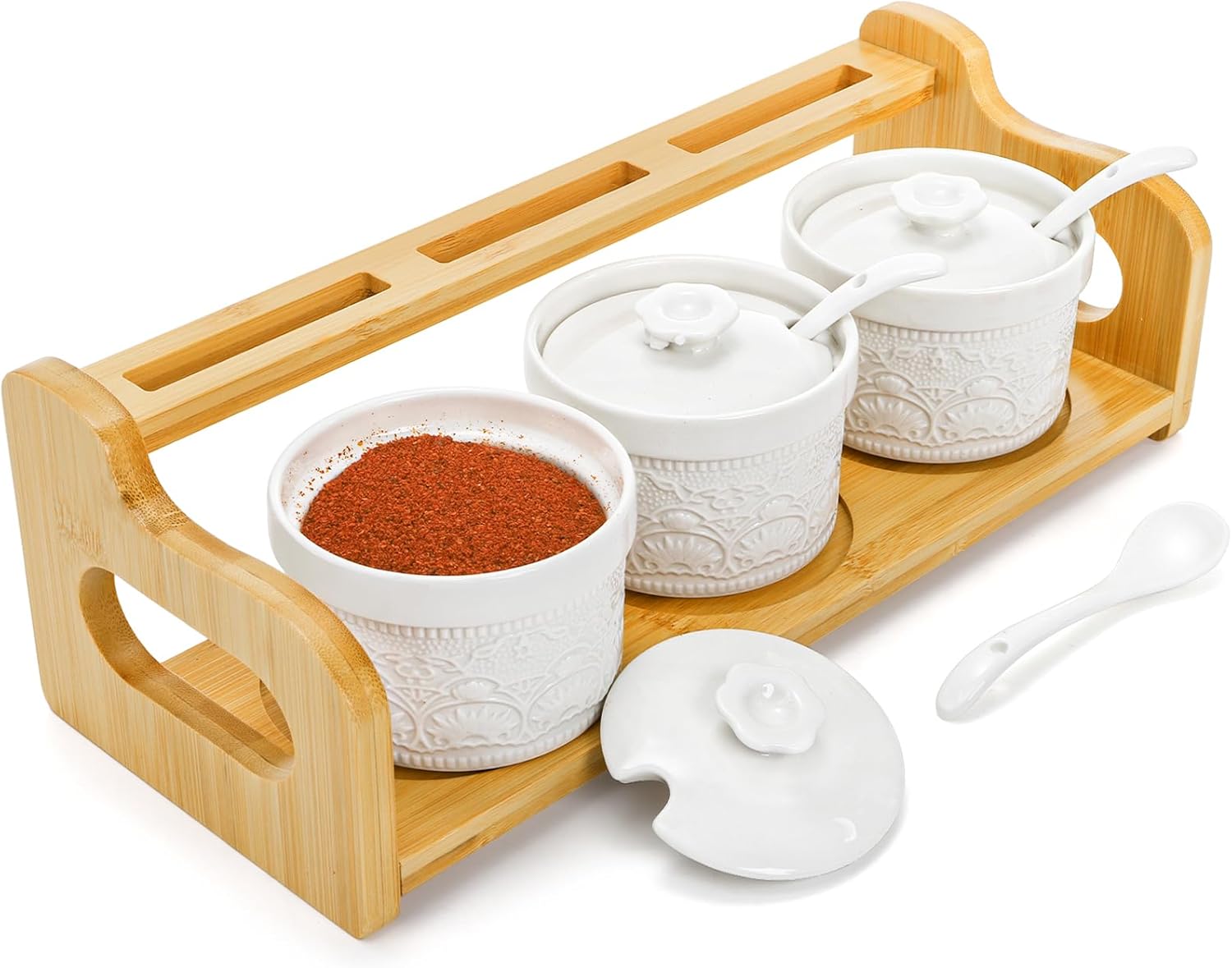Set of 3 Ceramic Condiment Jars, 5 Oz Porcelain Seasoning Box with Lid Spoon Bamboo Tray, Salt Sugar Spice Container Set Ramekin Dip Bowls for Home kitchen Counter