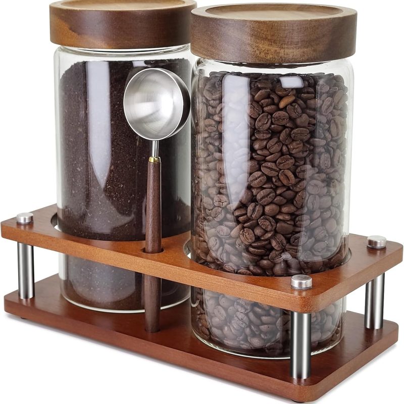 Glass Coffee Grounds Container with Shelf, 2 × 45 oz Glass Coffee Canisters with Airtight Thread Lid, Glass Storage Jars with Stainless Steel Spoon for Coffee Bean, Sugar,Nut