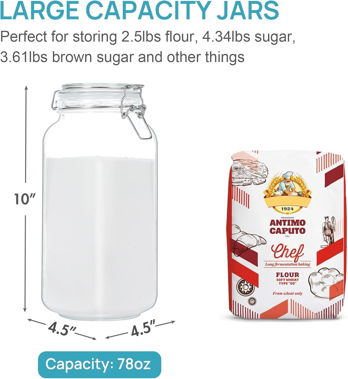 78oz Glass Food Storage Jars with Airtight Clamp Lids, 3 Pack Large Kitchen Canisters for Flour, Cereal, Coffee, Pasta and Canning, Square Mason Jar with 8 Chalkboard Labels - Image 2