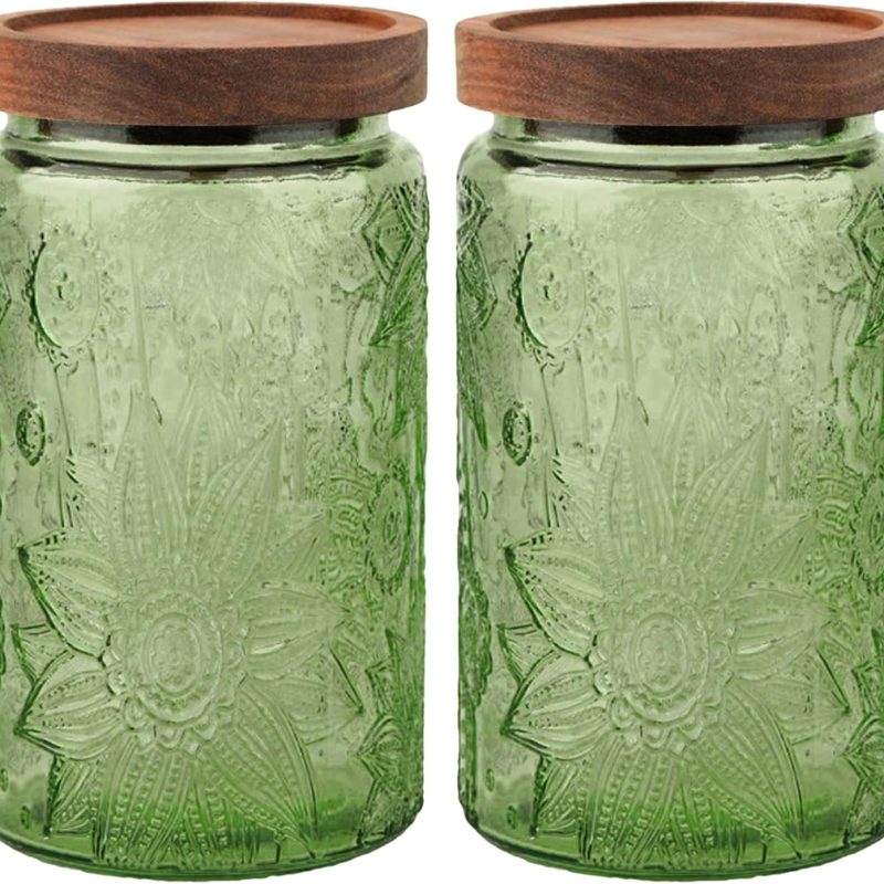 Glass Jar with Lid, Vintage Glass Storage Jars with Airtight Lid Coffee Canister Sugar Container for Kitchen Counter Pantry, Spice, Candy, Coffee Beans, Tea, Oats (34FL OZ Sunflower Green)