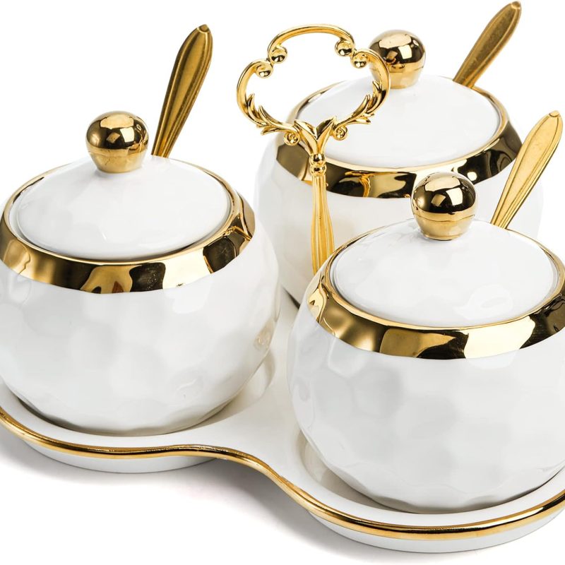 Set of 3 Ceramic Condiment Pots with Trays, Condiment Jars Containers with Lids and Spoons, Porcelain Sugar Salt Bowls Set, White Spice Seasoning Box for Kitchen, Restaurant, Counter, Home