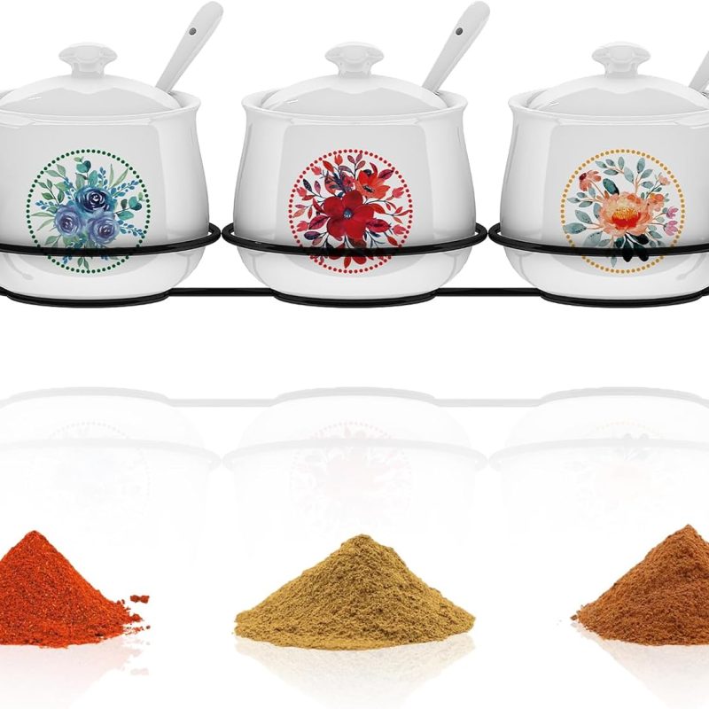 3 Pack 7.5 OZ Ceramic Condiment Spice Jars, Seasoning Container Set with Lids and Spoons, Sugar and Salt Serving Bowls Tray for Pepper, Spices, Coffee, Tea for Home Kitchen Counter