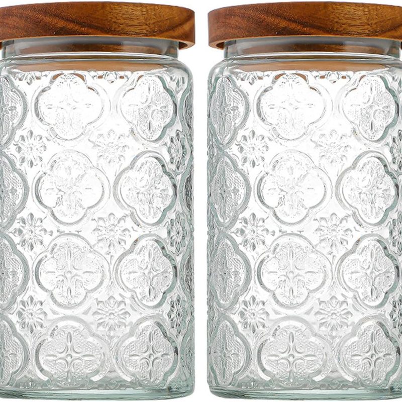 35oz/1000ml Glass Storage Jars with Nature Wood Lids, Airtight Food Storage Containers for Kitchen Organization, Large Capacity for Cookie, Pasta, Sugar, Flour, Cereal - Set of 2