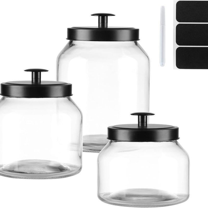 Clear Glass Kitchen Canister Set, Cookie Jar, Food Storage Container, Bathroom Jar with Metal Airtight Lid (Black)