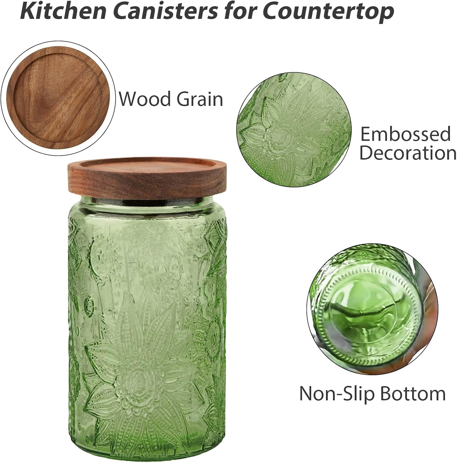 Glass Jar with Lid, Vintage Glass Storage Jars with Airtight Lid Coffee Canister Sugar Container for Kitchen Counter Pantry, Spice, Candy, Coffee Beans, Tea, Oats (34FL OZ Sunflower Green) - Image 2