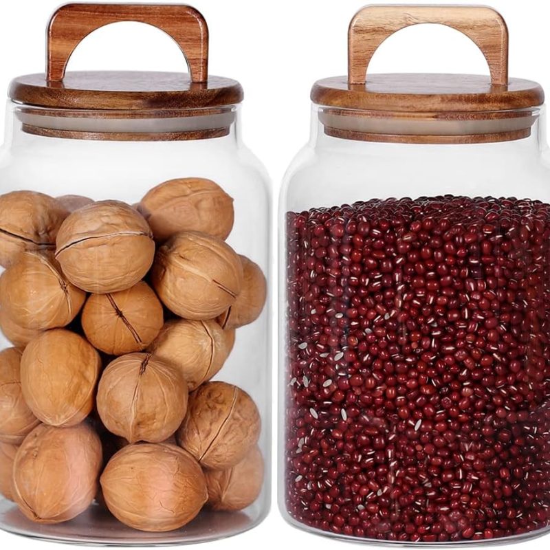 Canister Set of 2, Glass Kitchen Canisters with Airtight Acacia Lid, Tall Clear Airtight Food Storage Jar, Kitchen Pantry Storage Container for Noodles Flour Cereal Coffee