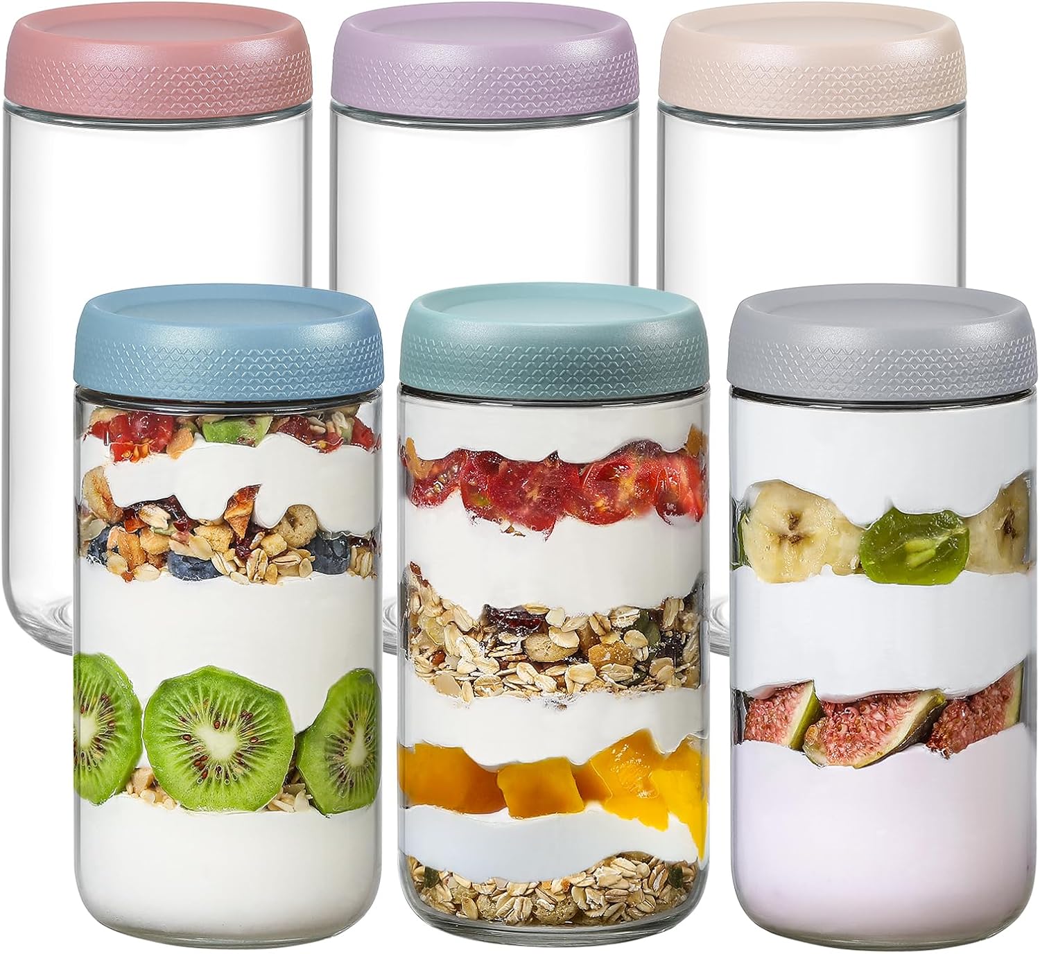 6-pack 24oz Glass jars with Airtight Lids, Overnight Oats Containers with Lids, Wide mouth Mason Salad jars, Glass Food Storage Containers for Snacks Yogurt Spice Sugar