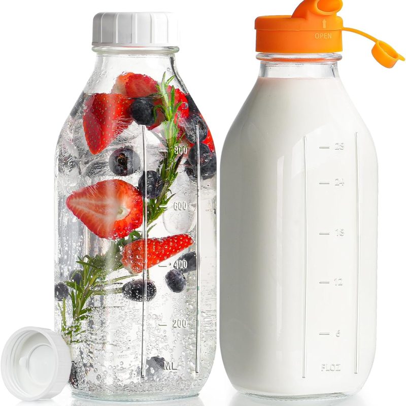 32 oz Reusable Glass Milk Bottles with Silicone Dispenser Cap, 2 Pack Glass Jars with Airtight Screw Lid, Leak Proof Juice Bottles with Scale Mark Breastmilk Storage Container for Fridge