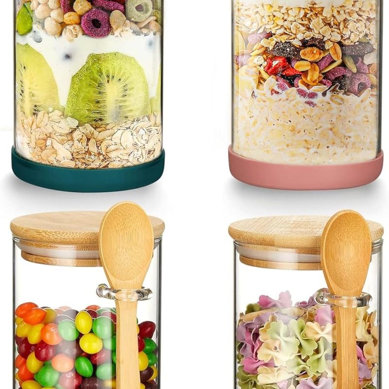 Set of 4 Airtight Glass Jars with Bamboo Lids & Spoons, 17 oz Borosilicate Overnight Oats Containers with Lids, Clear Food Storage Canister for Cookie, Candy, Coffee, Sugar, Matcha Tea, Flour