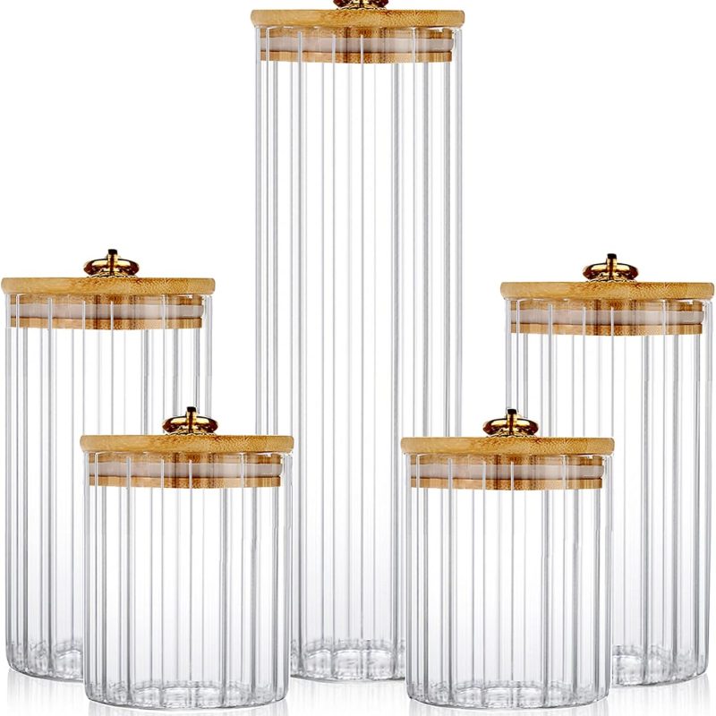 Glass Storage Jars Set of 5, Decorative Coffee Bar Container with Airtight Bamboo Lid Metal Ring for Home Kitchen Storing Candy, Cookie, Pasta, Nuts, Oatmeal and Bathroom Salt