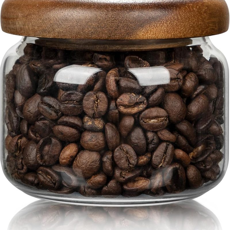 1 PC Small Glass Storage Jars with Airtight Lids, 10 fl oz (300ml) coffee container with Wooden Lid, Glass Pantry Canister for Beans, Rice, Sugar and etc