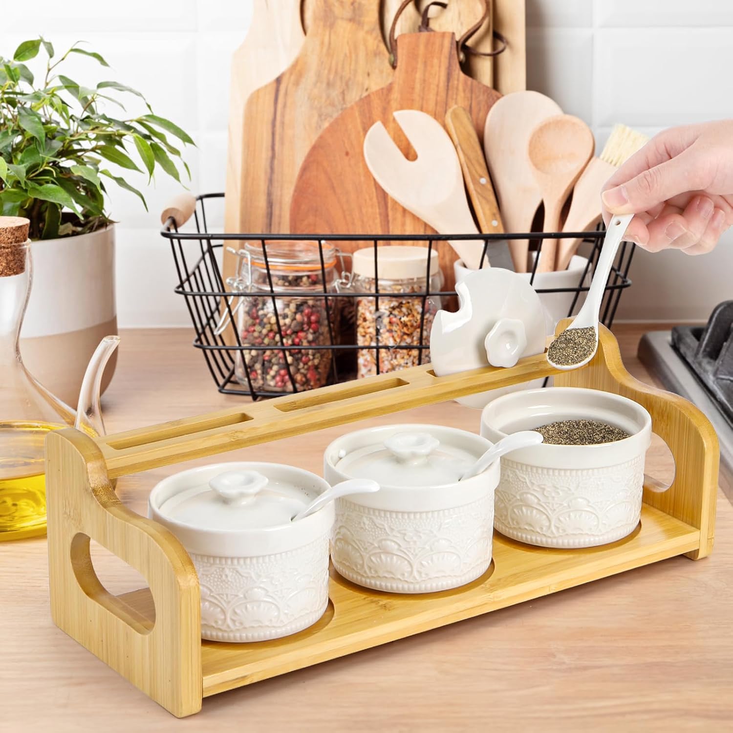 Set of 3 Ceramic Condiment Jars, 5 Oz Porcelain Seasoning Box with Lid Spoon Bamboo Tray, Salt Sugar Spice Container Set Ramekin Dip Bowls for Home kitchen Counter - Image 2