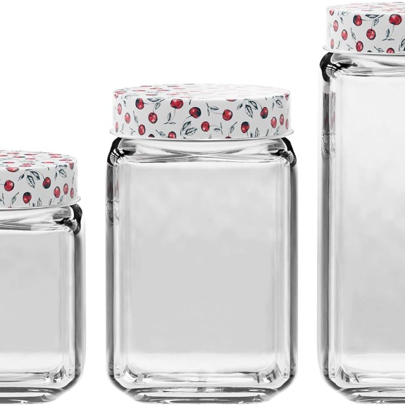 Clear Glass Jars | Set of 3 | Cherry Design on Airtight Lid | Food Storage Containers | Square | For Coffee, Beans, and Dry Goods | 45, 63, and 74-Ounce Capacity | Dishwasher Safe