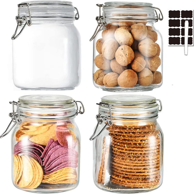 32oz Glass Food Storage Jars with Airtight Clamp Lids,Set of 4 Airtight Glass Canister Square- Clear Storage Container for Kitchen Container Storing Sugar, Flour, Cereal,Coffee,Spice…