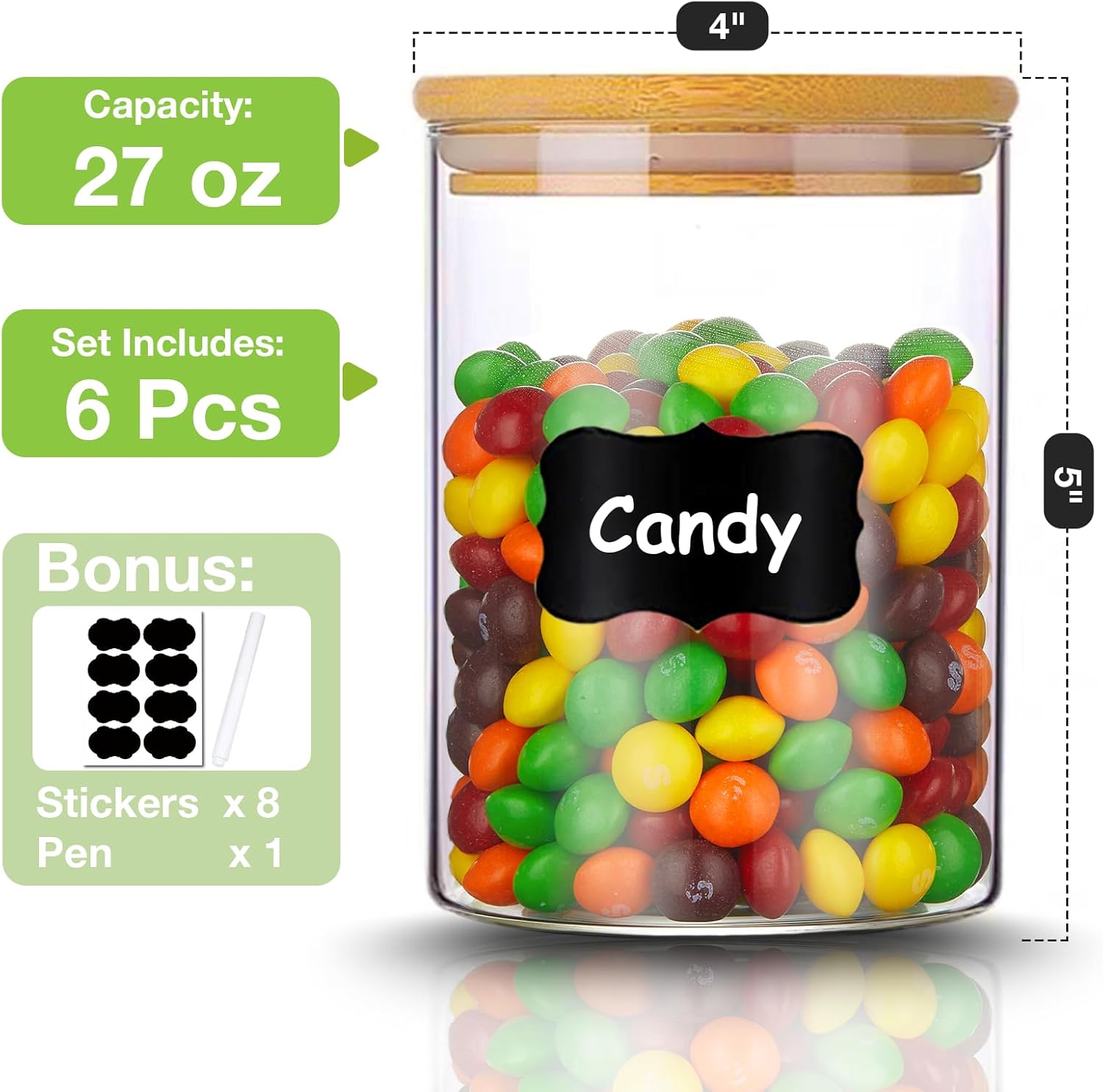Glass Storage Jars with Bamboo Lid, 27 OZ Airtight Food Storage Jar with Labels, Clear Kitchen Canisters for Candy, Cookie, Rice, Coffee Beans, Snacks, Spices - Image 2