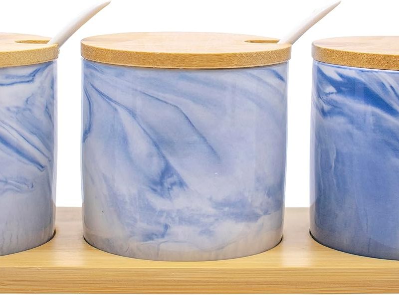 Set of 3 Marble Ceramic Condiment Spice Jars With Spoons and Bamboo Lids and Tray (Blue)