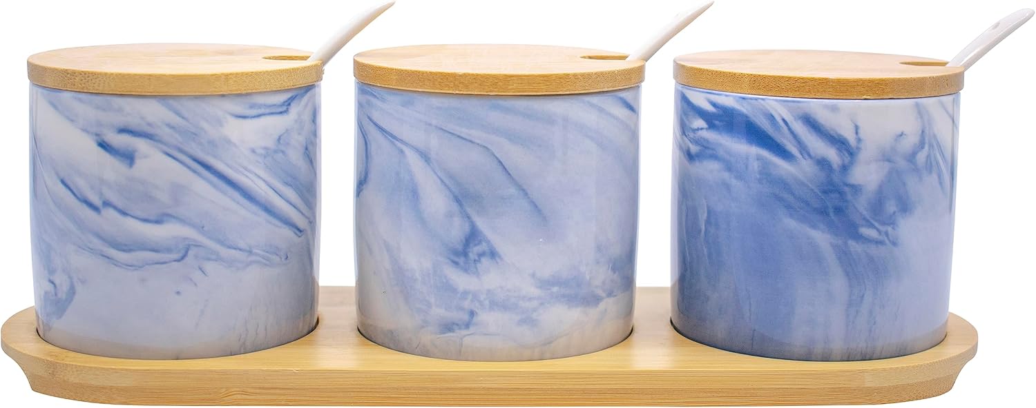 Set of 3 Marble Ceramic Condiment Spice Jars With Spoons and Bamboo Lids and Tray (Blue)
